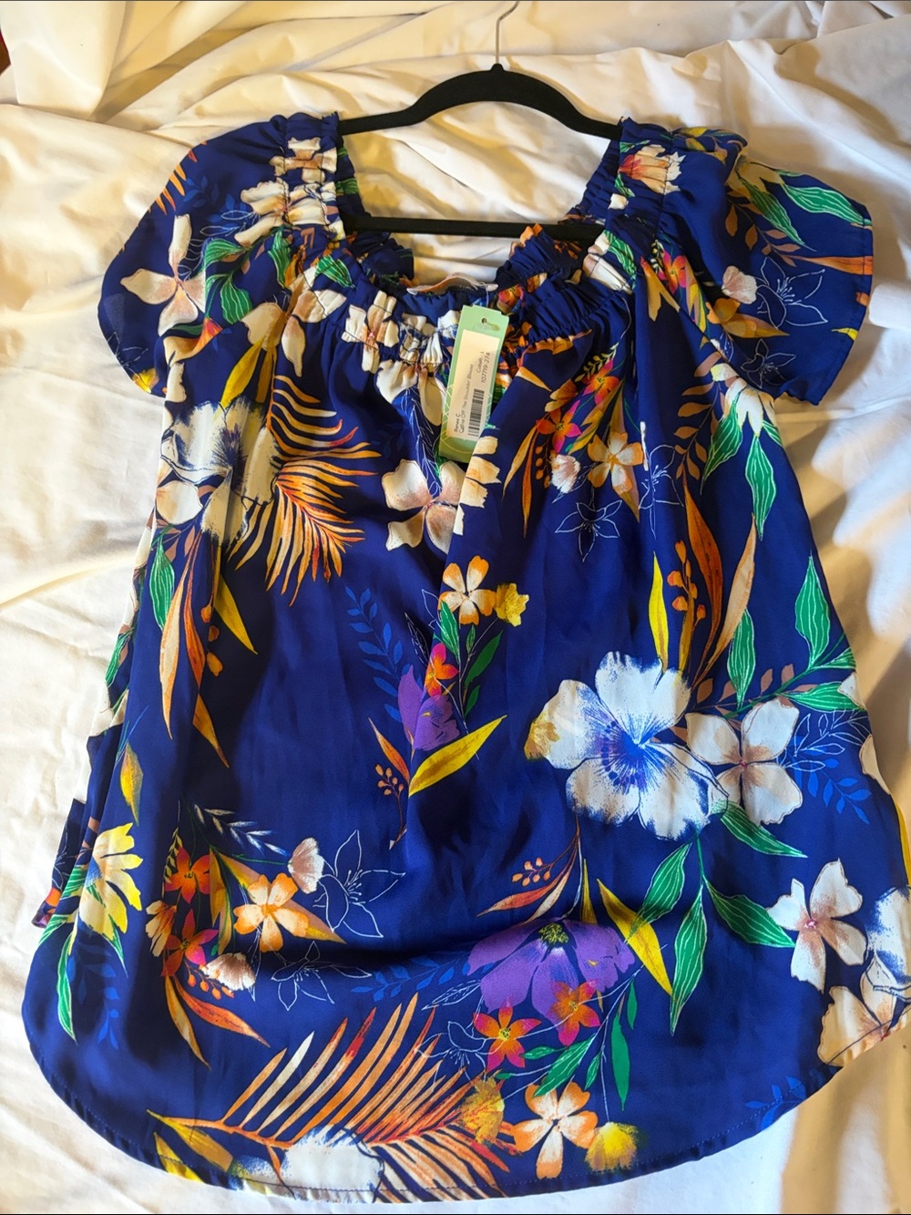 Renee C. Royal Blue Tropical Floral Off-Shoulder Tunic